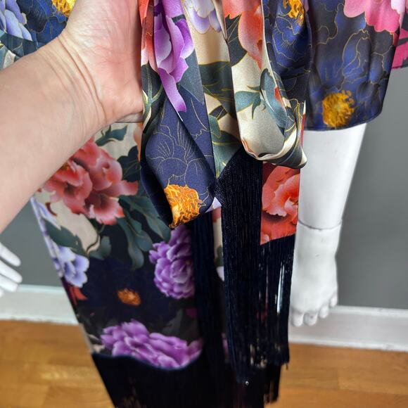Kobi Halperin Wrap Dress XL Floral Silk-Blend Faux Kimono NWT Asian Fringe Boho - Picture 8 of 16